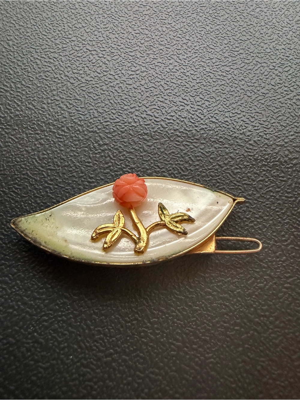Vintage Mother of Pearl Shell Hair Barrette Carved Coral Rose Made in Taiwan ROC